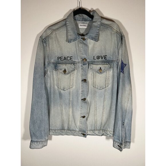 LAUREN MOSHI oversized peace love bandana stars studded jean jacket L designer - Picture 1 of 9